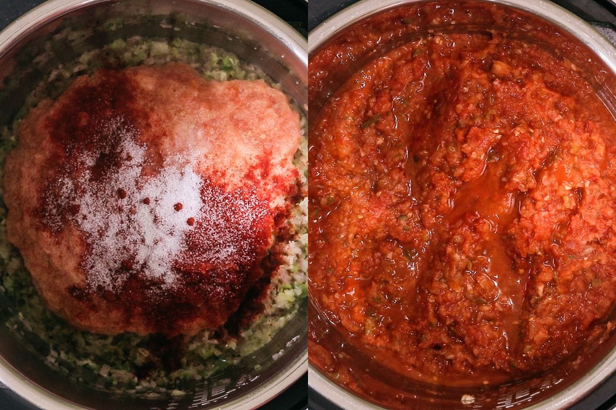 Adding and cooking tomato puree, salt and red chili powder.