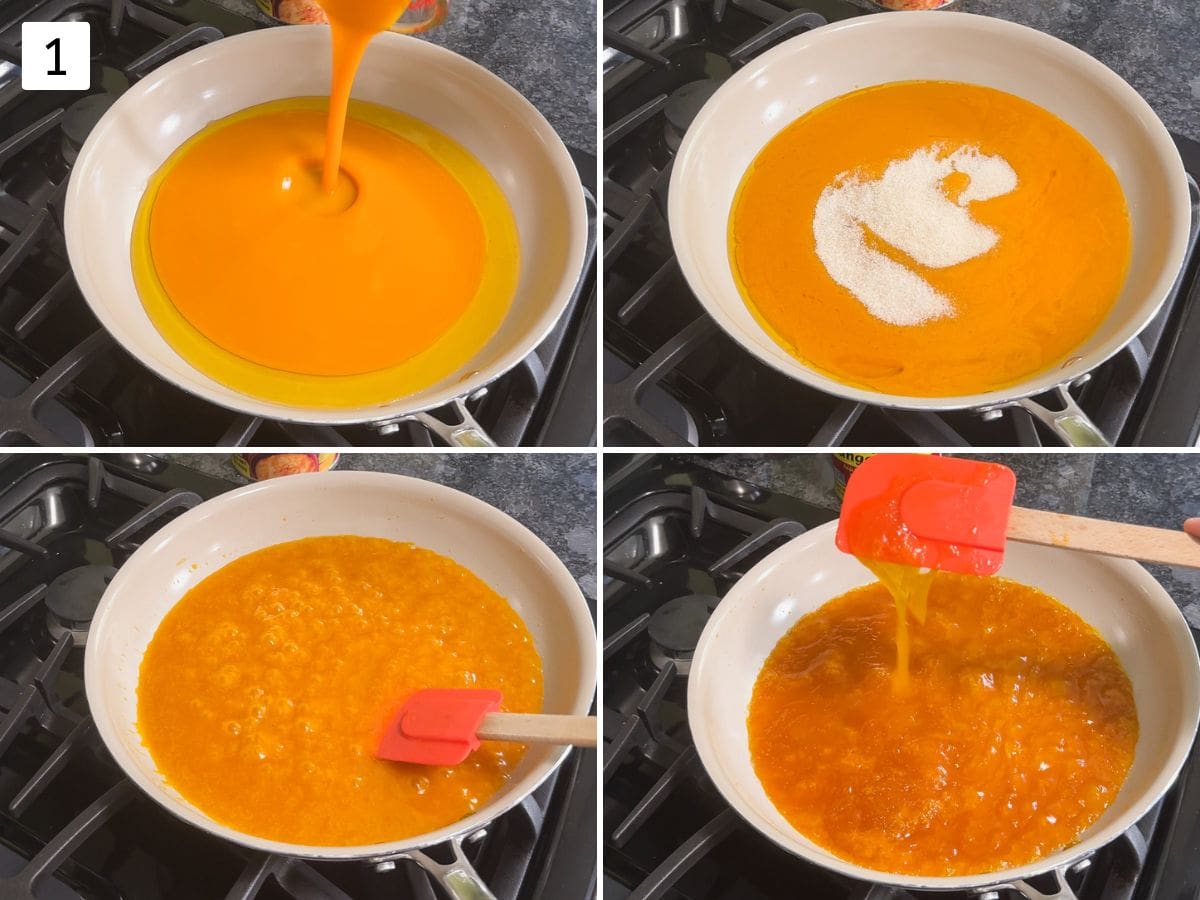 Collage of 4 images showing cooking mango pulp with ghee and sugar.