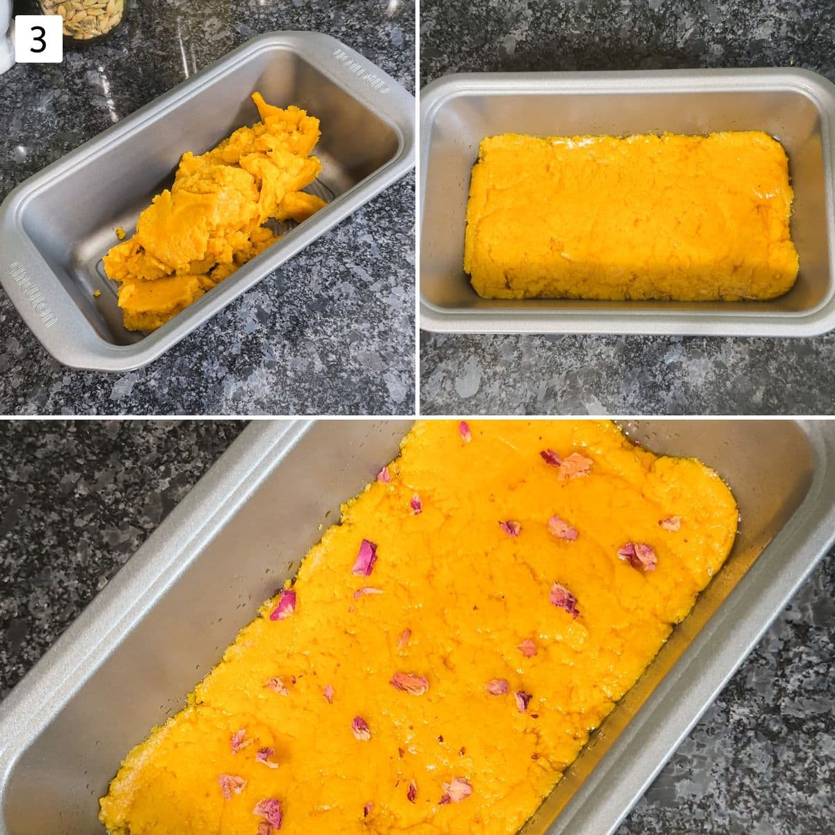 Collage of 3 images showing spreading the burfi mixture in a pan and garnishing with rose petals.
