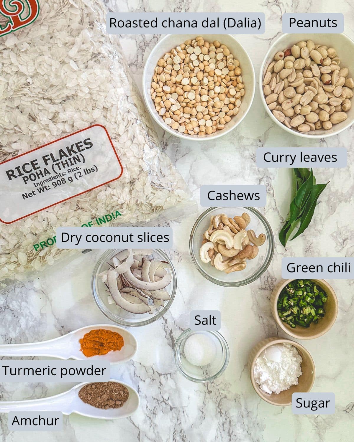 Poha chivda ingredients in bowls and spoons with labels.