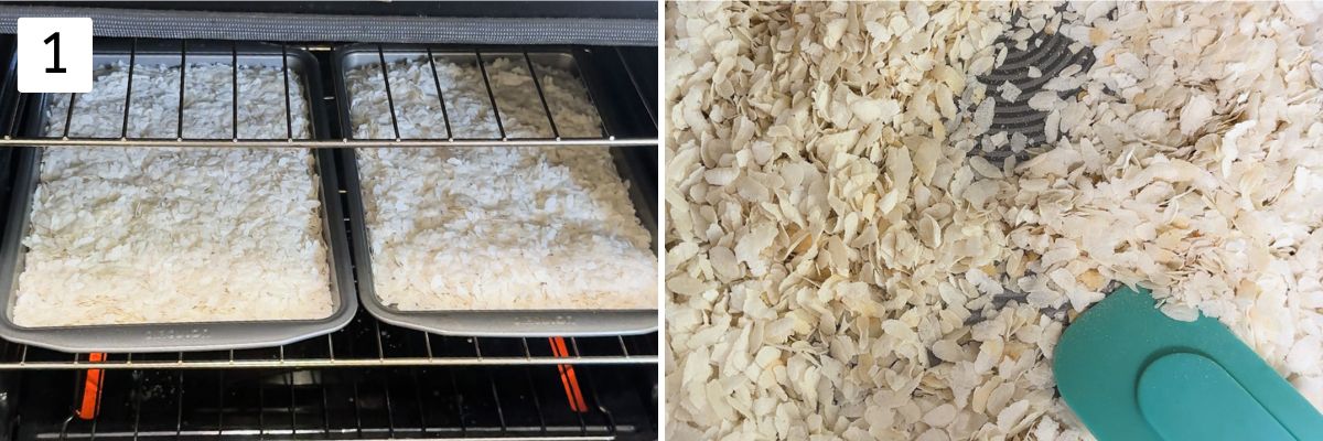 Collage of 2 images showing roasting poha in the oven.