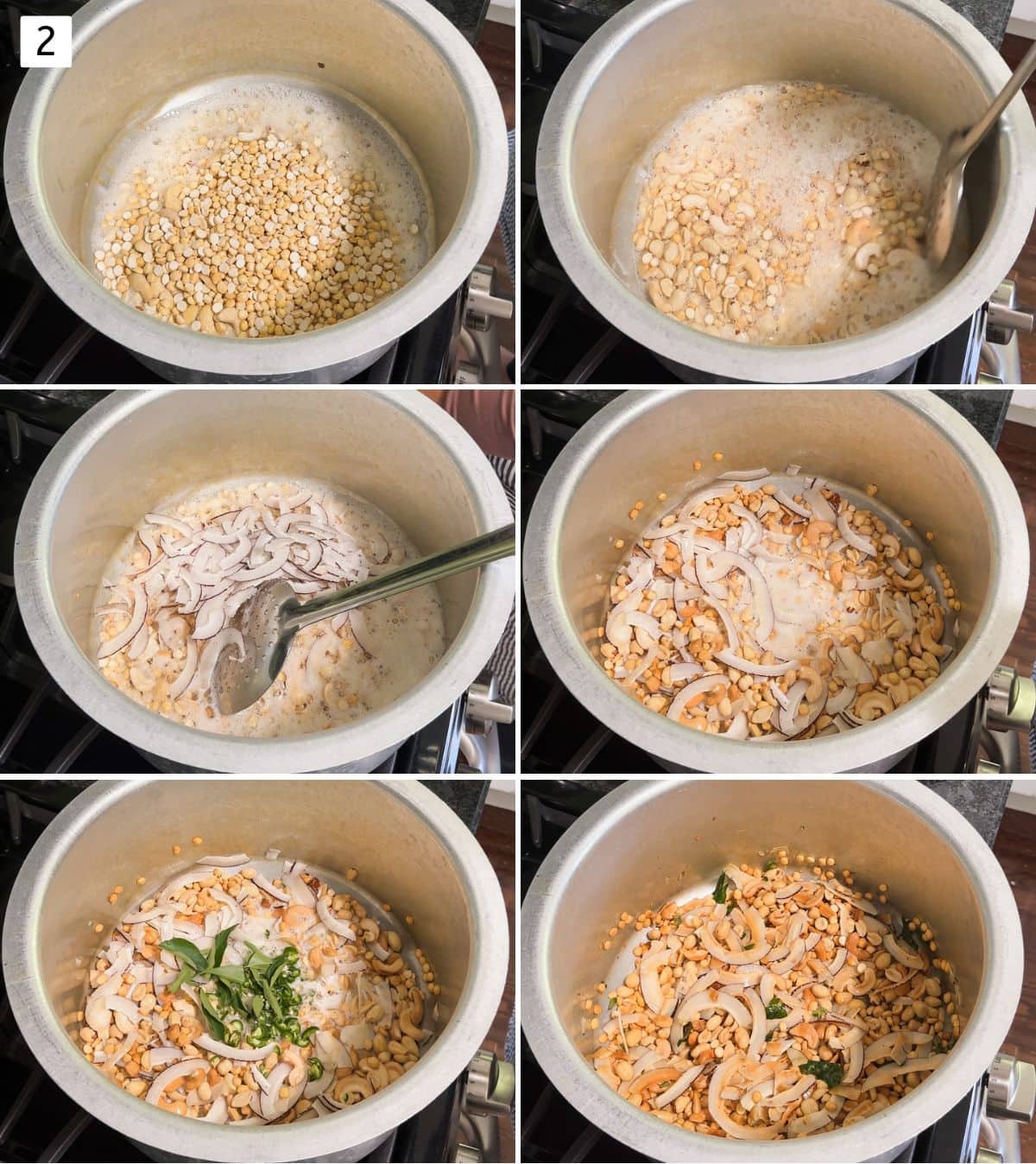 Collage of 6 images showing roasting nuts, curry leaves and green chilies in oil.