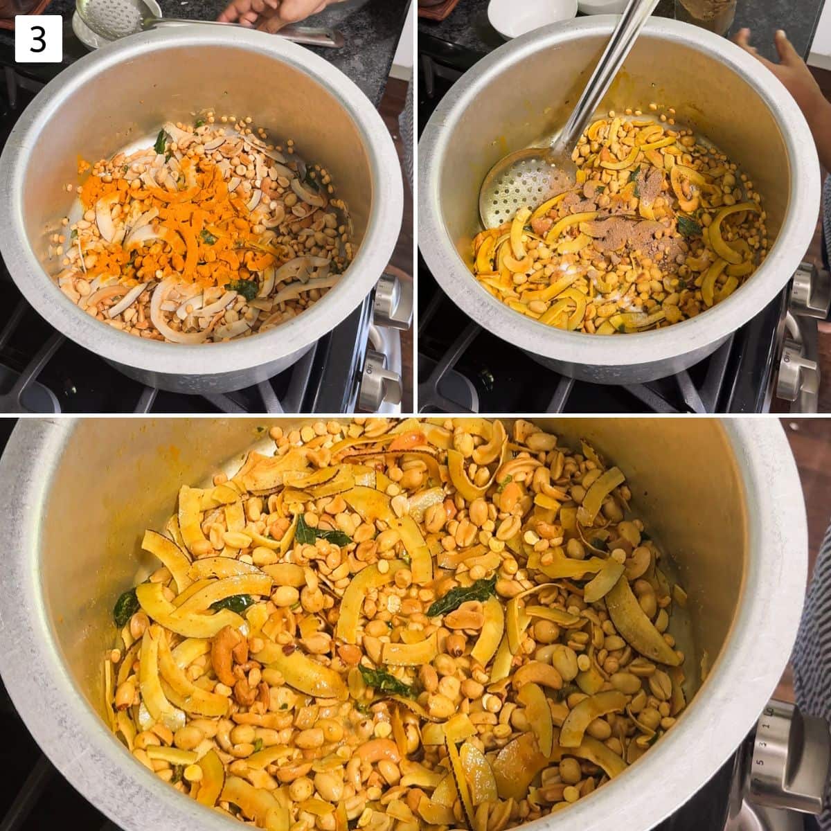 Collage of 3 images showing mixing turmeric and amchur.