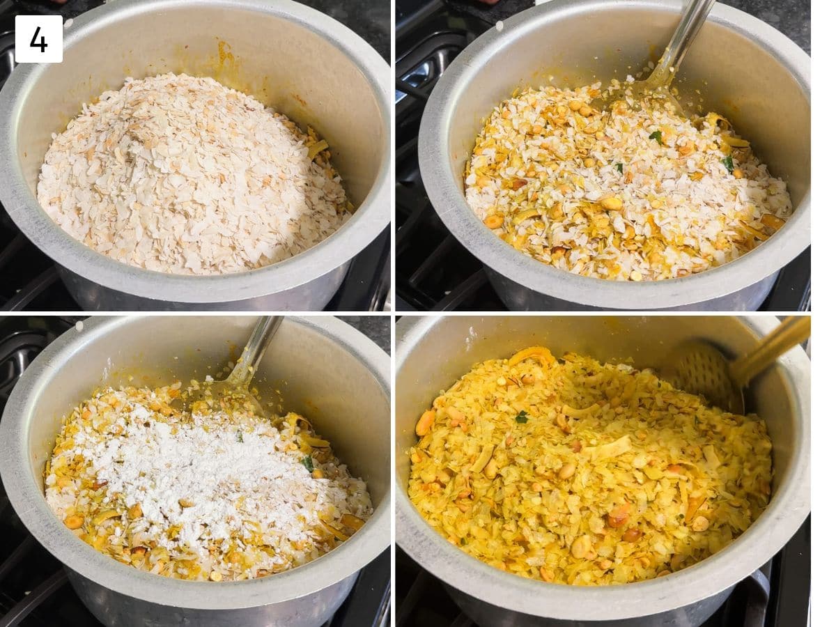 Collage of 4 images showing mixing poha and powdered sugar with spiced-nuts mixture.