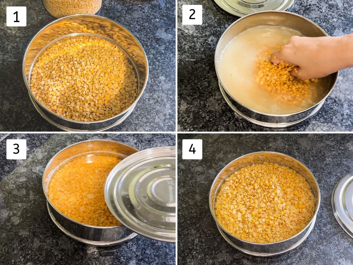 Collage of 4 images showing washing and soaking toor dal.