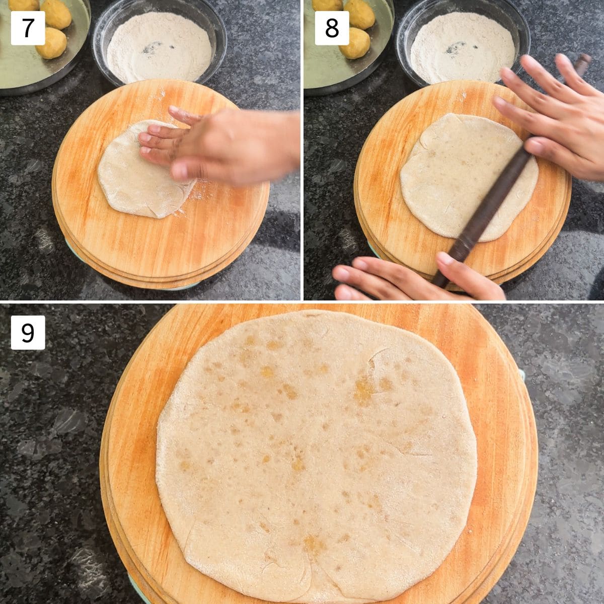 Collage of 3 images showing rolling stuffed dough.