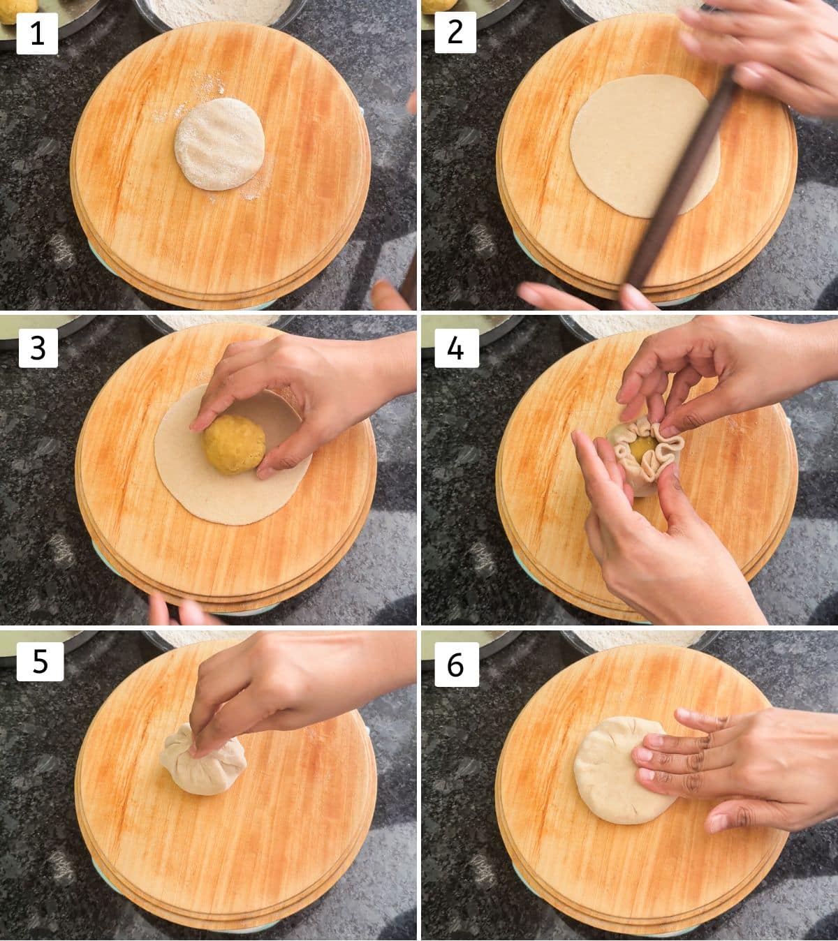 Collage of 4 images showing rolling dough ball, stuffing with puran and flattened it.