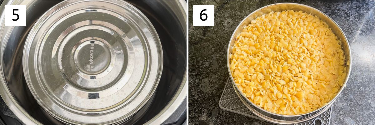 Collage of 2 images showing pressure cooking dal.