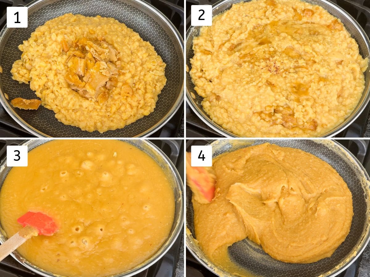 Collage of 4 images showing cooking cooked dal and jaggery in the pan.