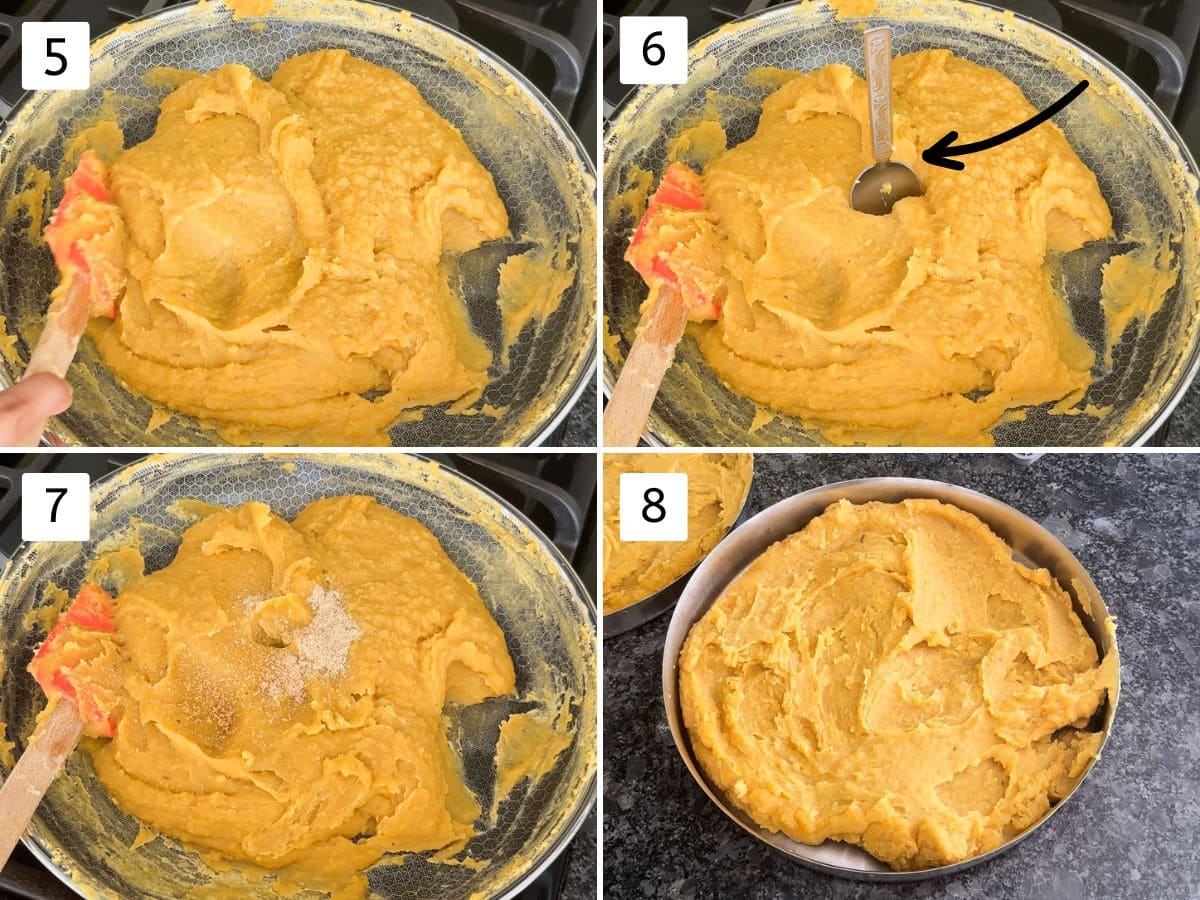 Collage of 4 images showing ready thick puran, doing spoon test and adding spices.