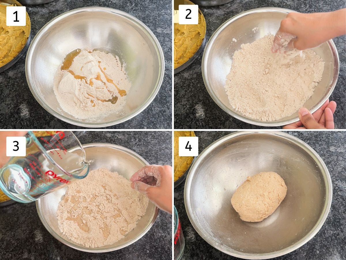 Collage of 4 images showing kneading the dough for vedmi.