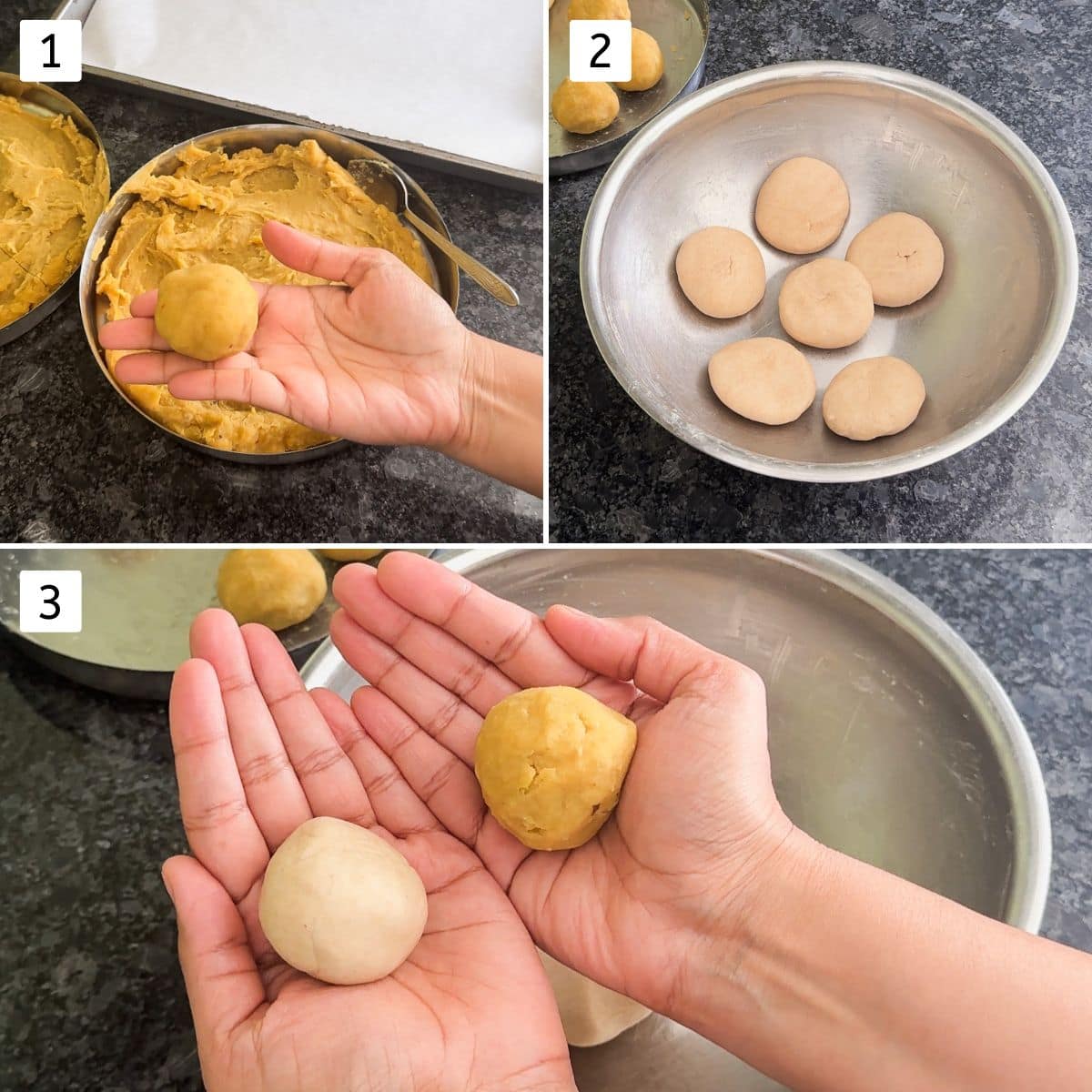 Collage of 3 images showing making balls of puran and making disc of dough.