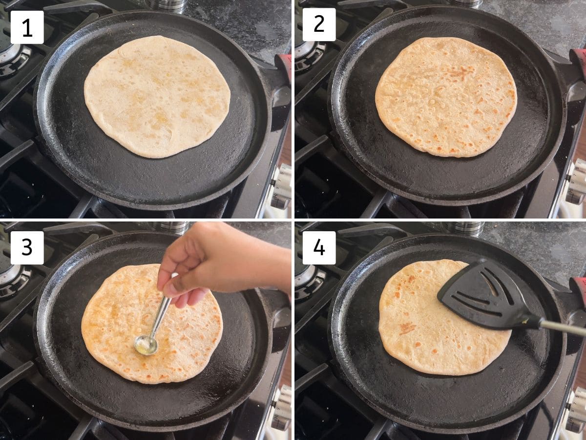 Collage of 4 images showing cooking puran poli on the tawa by spreading ghee and pressing with spatula.