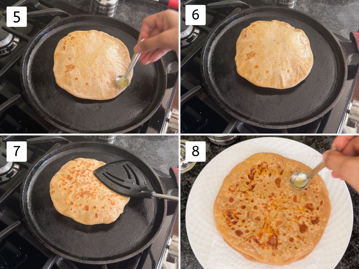 Collage of 4 images showing cooking other side of puran poli, puffed up and apply ghee on cooked.