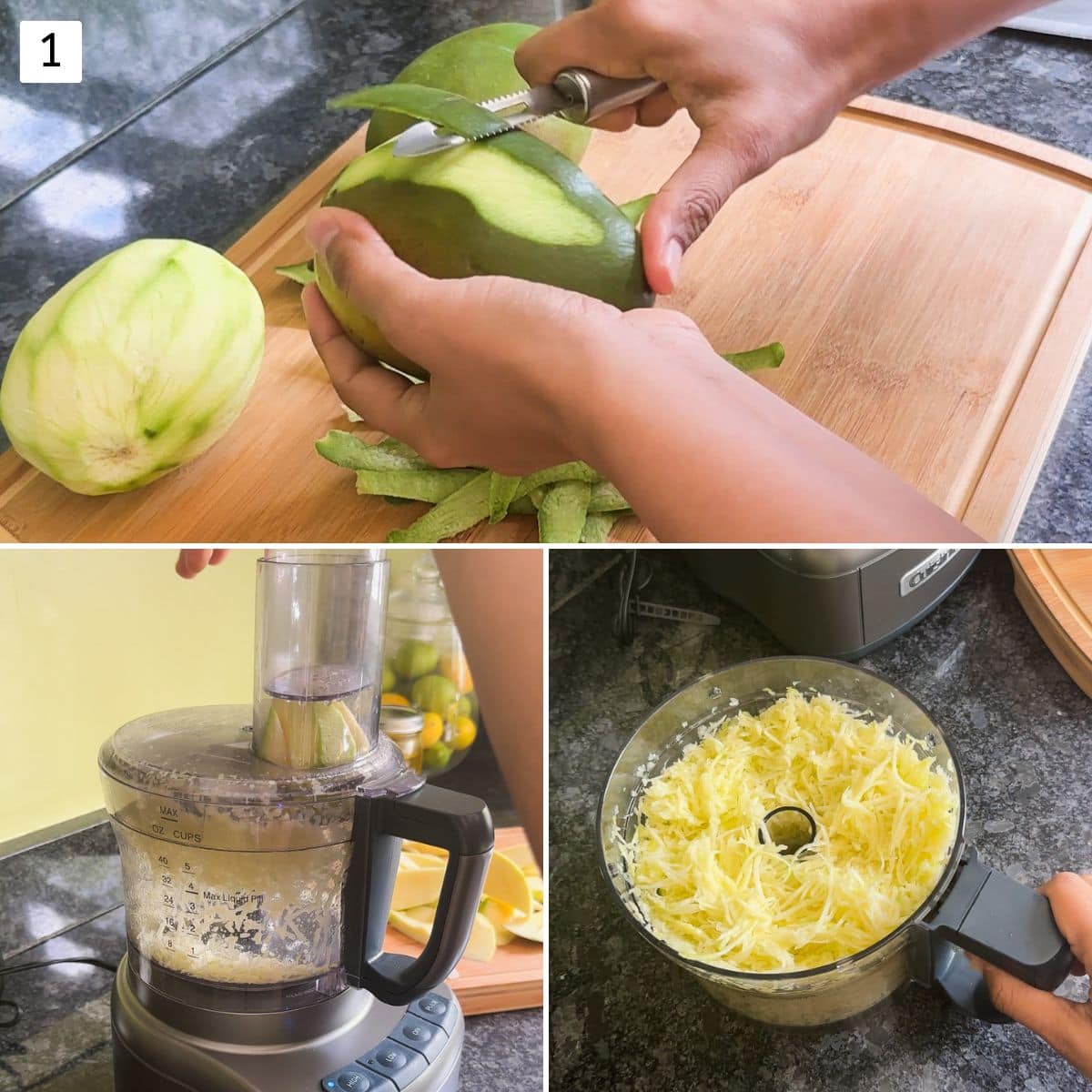 Collage of 3 images showing peeling raw mango and grating into food processor.