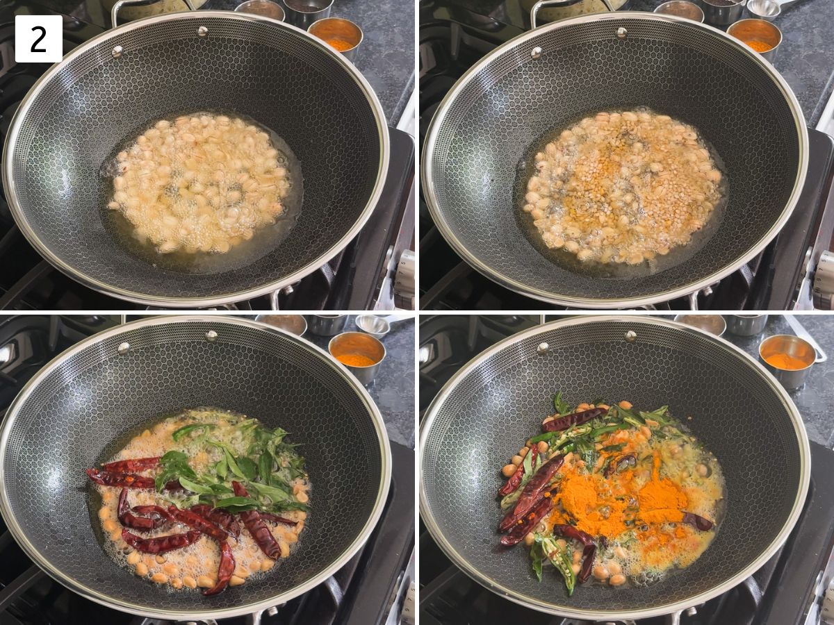 Collage of 4 images showing making tempering for mangai sadam.