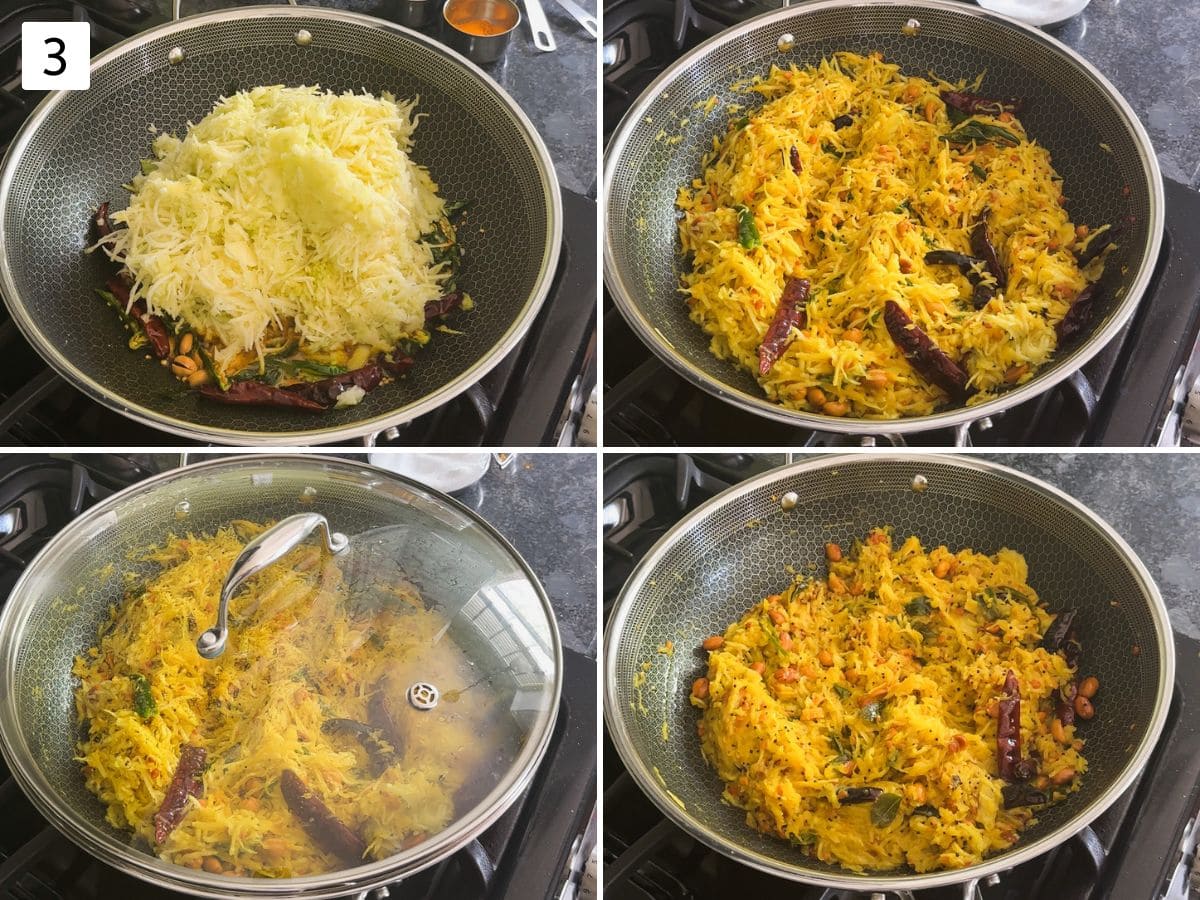 Collage of 4 images showing adding and cooking grated mango.