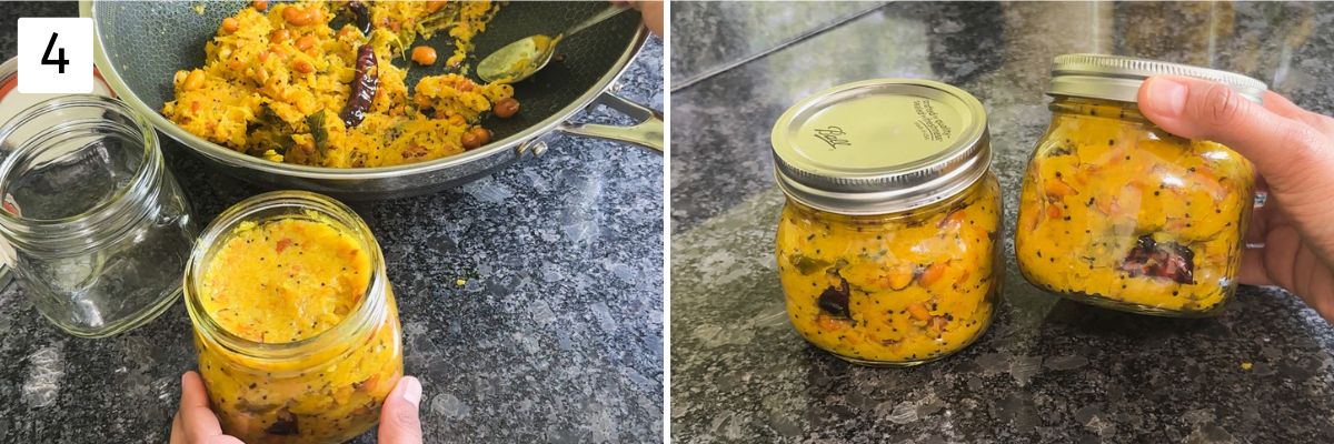 Collage of 2 images showing transferring mixture to glass jar.