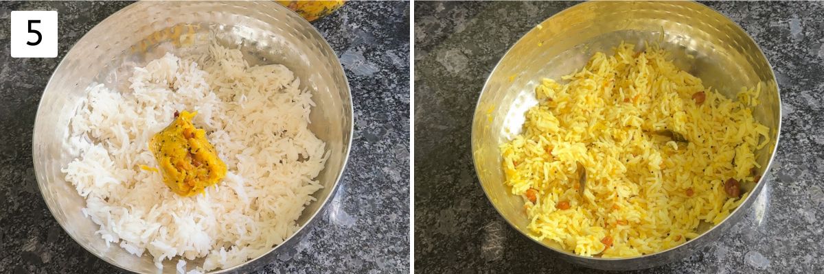 Collage of 2 images showing mixing cooked rice with raw mango rice premix.