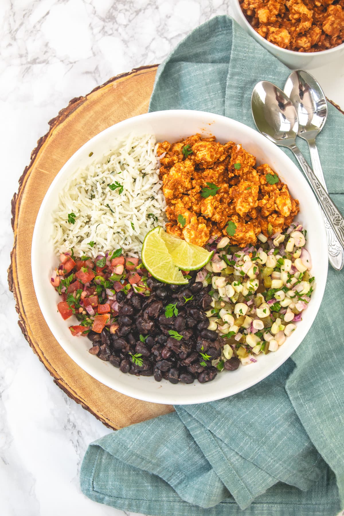 Burrito bowl with chipotle cilantro lime rice, black beans, sofritas and salsa.