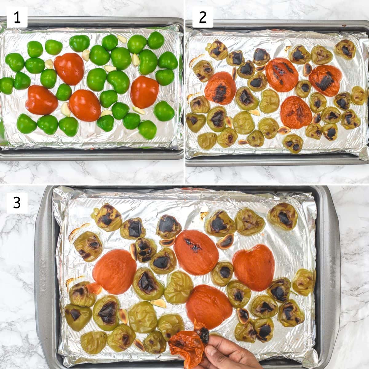 Collage of 3 images showing roasting tomatillos, tomatoes and garlic.