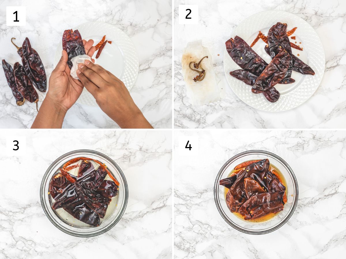 Collage of 4 images showing cleaning chilies and soaking in hot water.