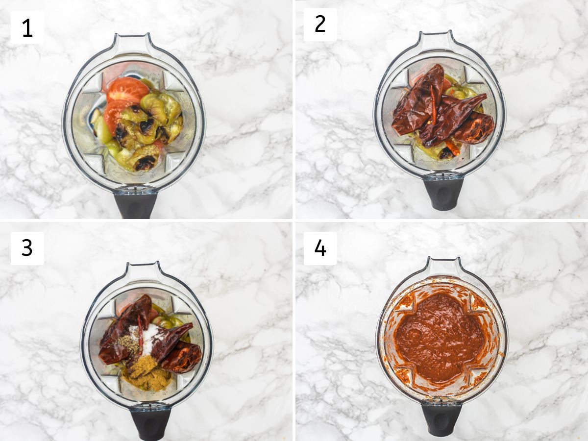 Collage of 4 images showing adding everything into grinder and blending to make salsa.