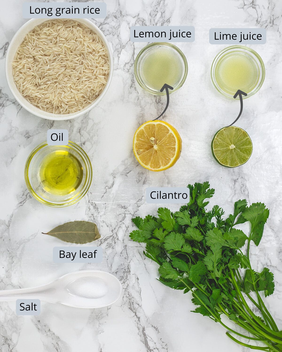 Cilantro lime rice ingredients in bowls with labels.