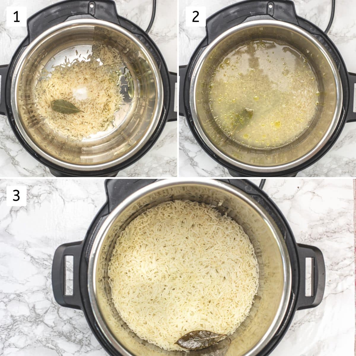 Collage of 3 images showing adding rice, salt, bay leaf and water in instant pot and cooked rice.