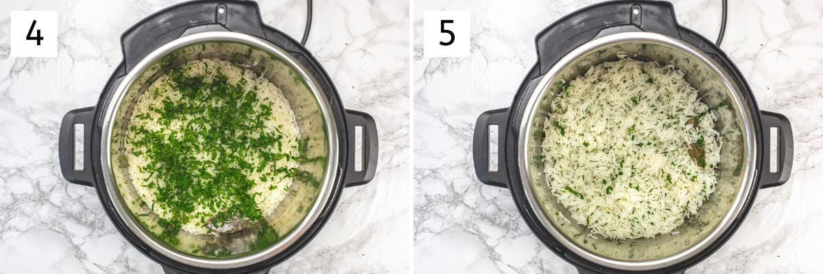 Collage of 2 images showing adding cilantro, lemon and lime juice and mixing together.