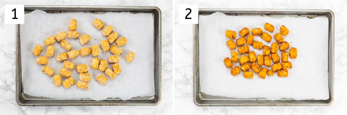 Collage of 2 images showing frozen tater tots in a baking tray and baked crispy tater tots.