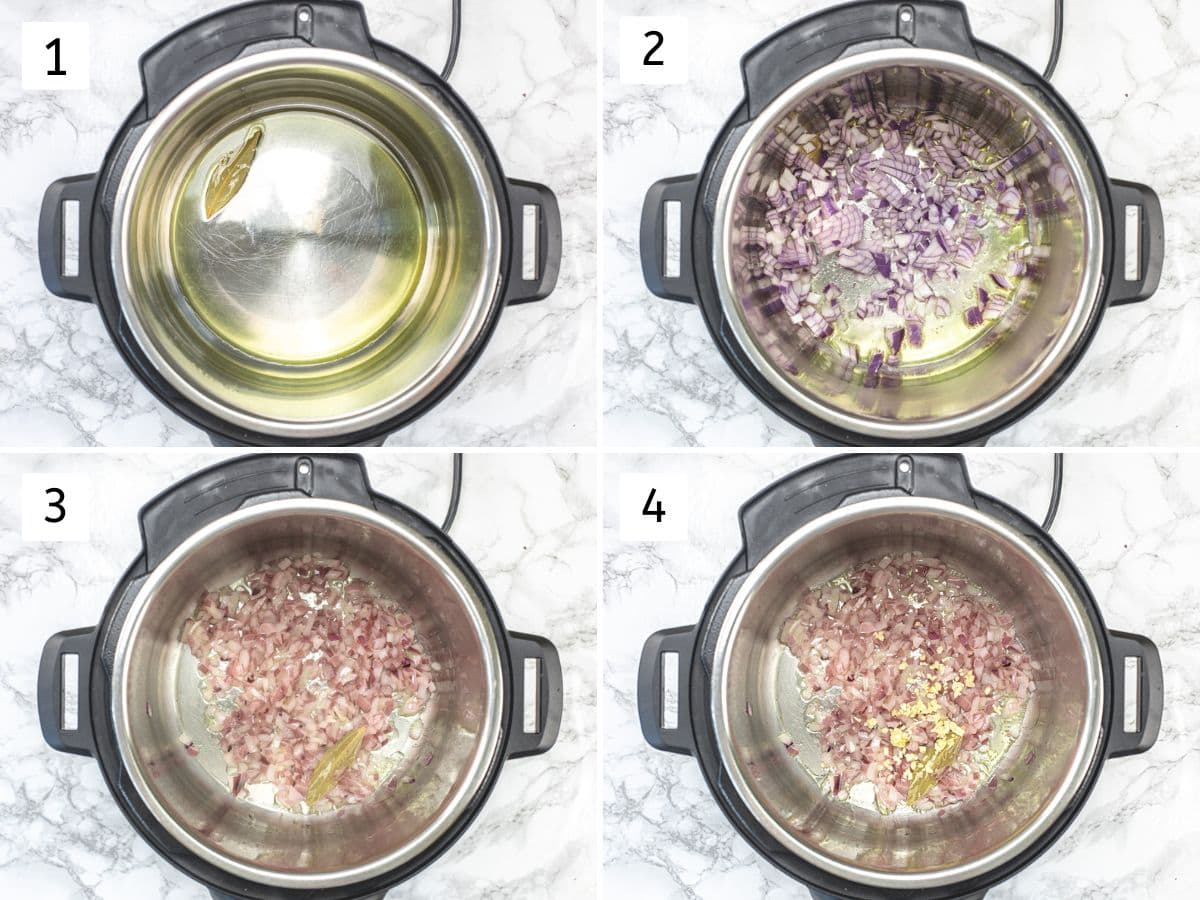 Collage of 4 images showing cooking onion and garlic in instant pot.