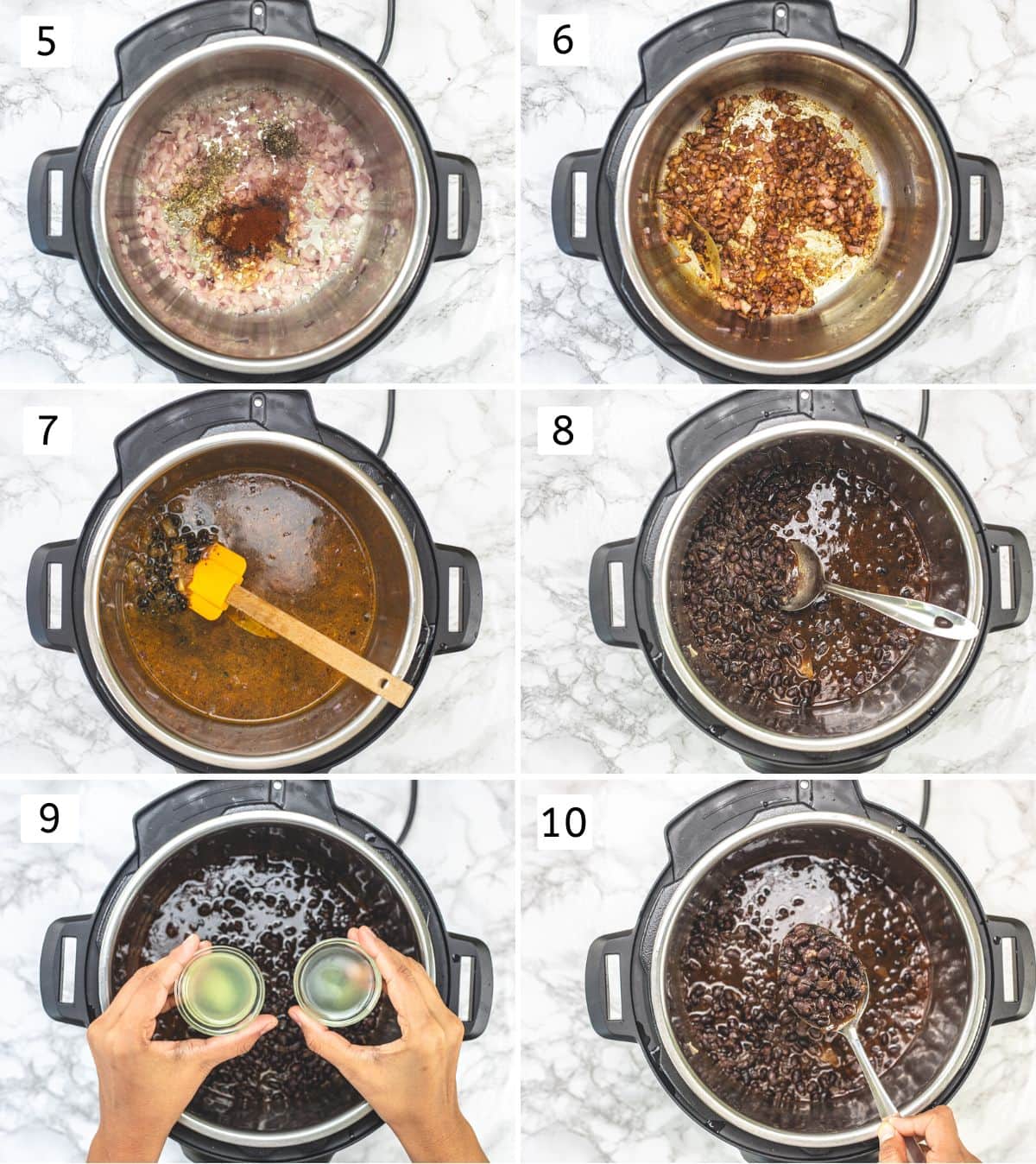 Collage of 6 images showing adding spices, beans, water and cooked beans.