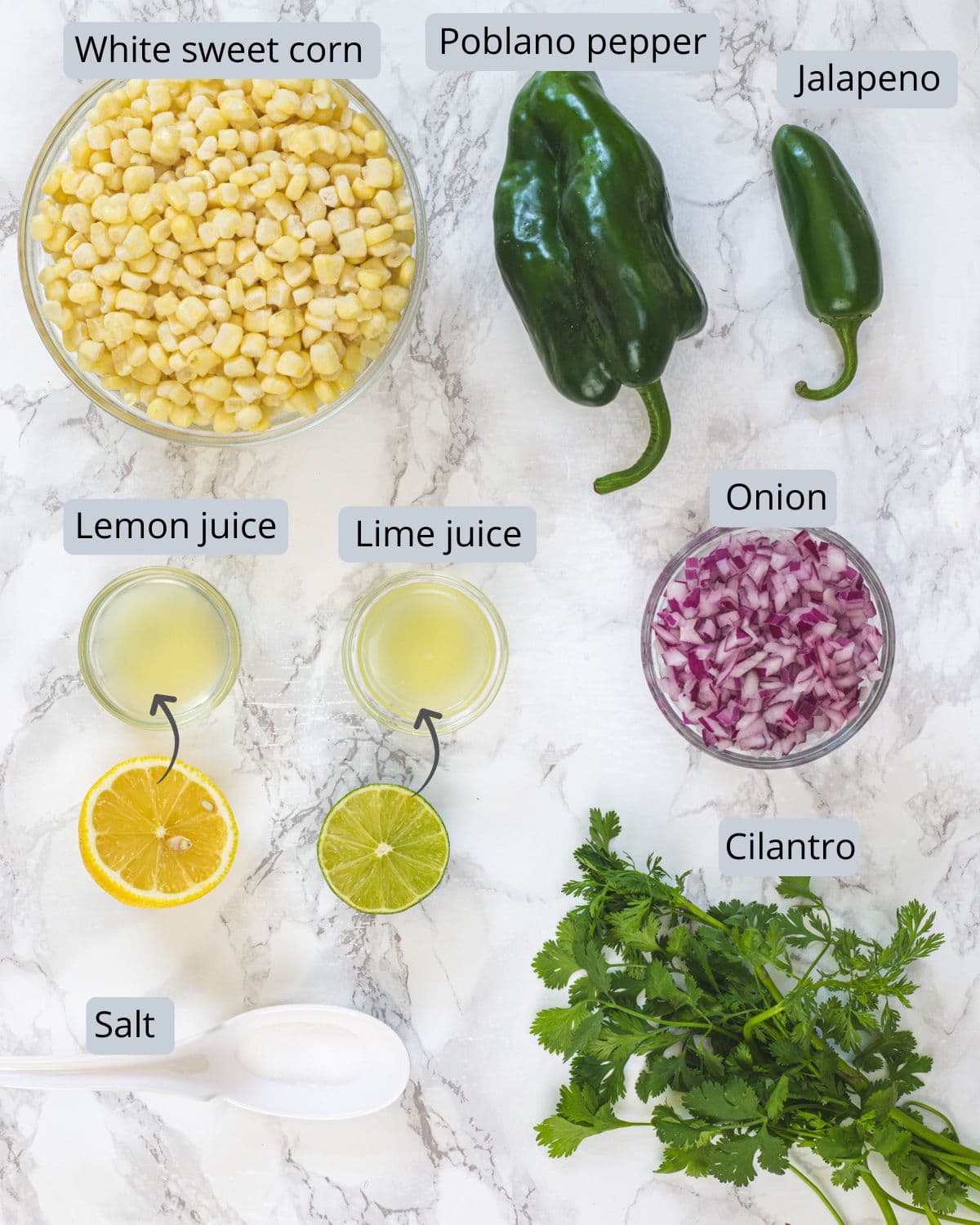Chipotle corn salsa recipe ingredients in bowls and spoons with labels.