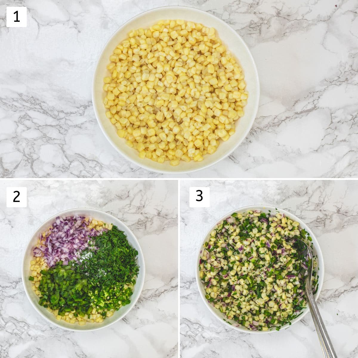 Collage of 3 images showing cooked corn in a bowl, adding rest ingredients and mixed.