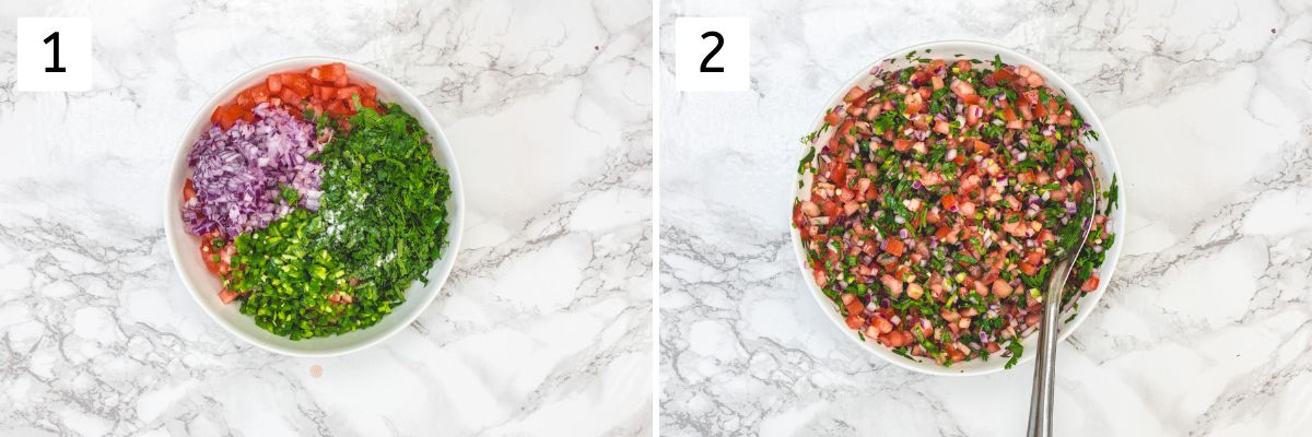 Collage of 2 images showing salsa ingredients in a bowl and mixed.