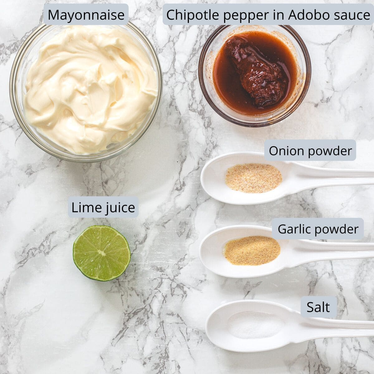 Chipotle mayo ingredients in bowls and spoons with labels.