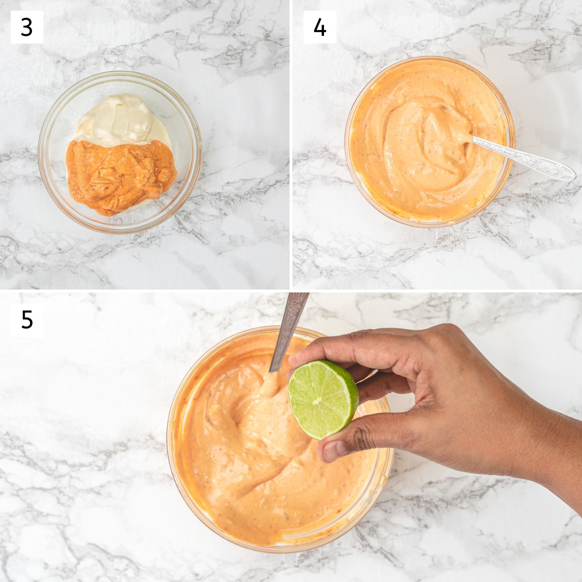 Collage of 3 images showing chipotle pepper puree into mayonnaise and mixed, adding lime juice.