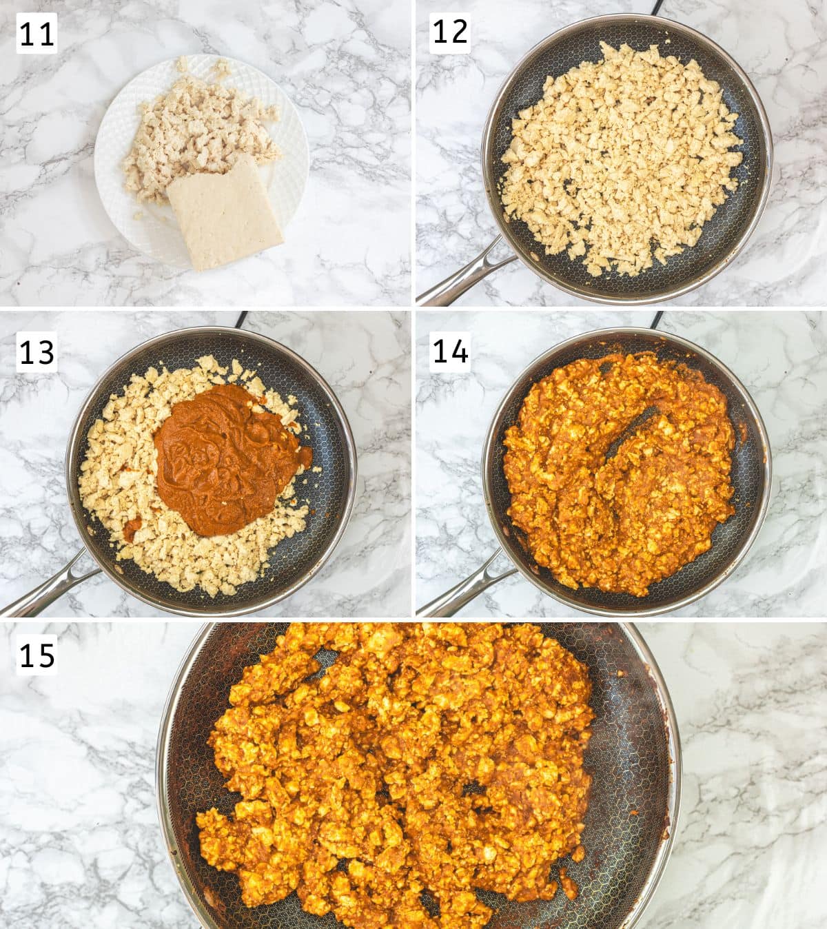 Collage of 5 images showing crumbled tofu, sauteeing tofu, adding and cooking sauce.