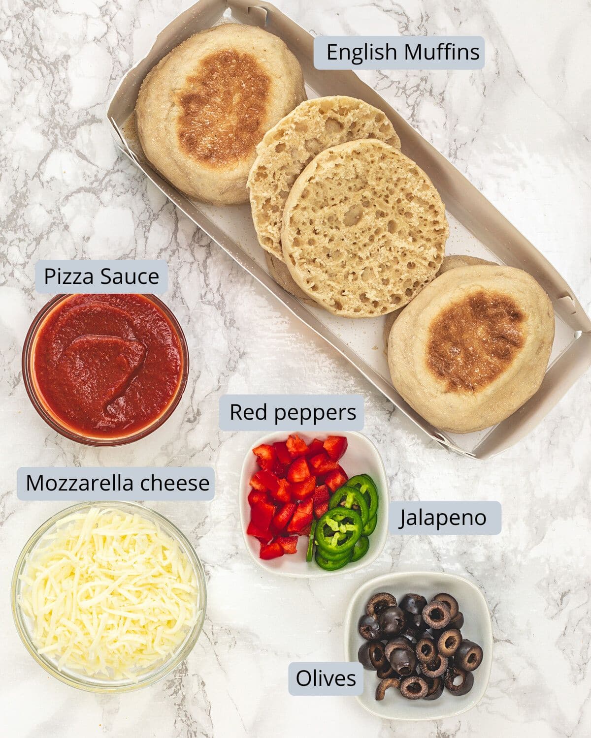 English Muffin Pizza ingredients in bowls with labels.