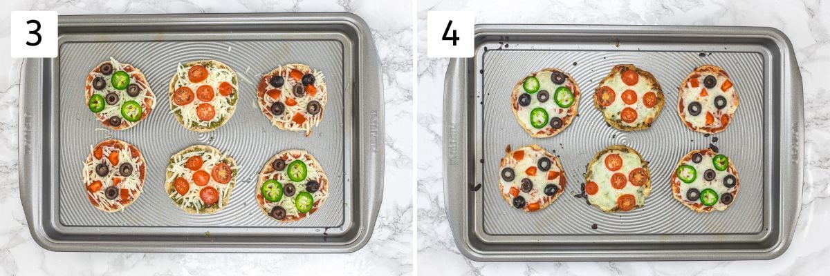 Collage of 2 images showing topping english muffins with cheese and veggies, baked pizza.