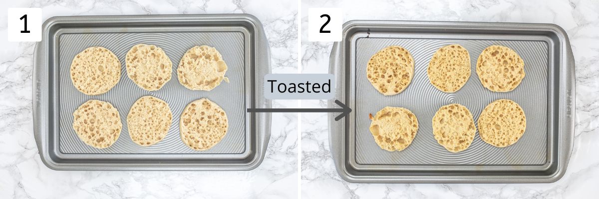 Collage of 2 images showing english muffin halves in a tray and toasted slices.