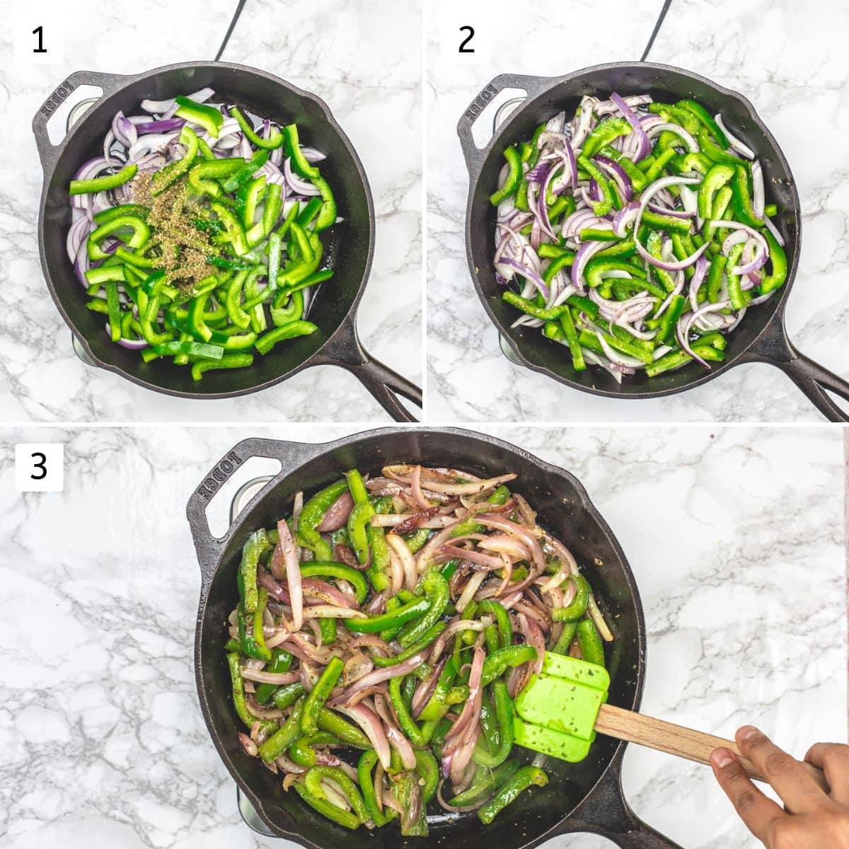 Collage of 3 images showing cooking onions and peppers in a cast iron pan.