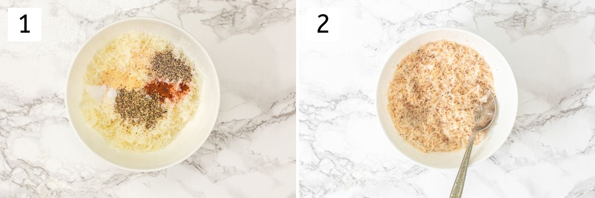 Collage of 2 images showing adding seasoning to parmesan cheese and mixing.