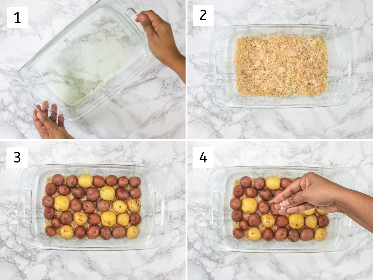 Collage of 4 images showing swirling oil in a baking dish, sprinkling cheese mixture, arranging potatoes and sprinkling salt.