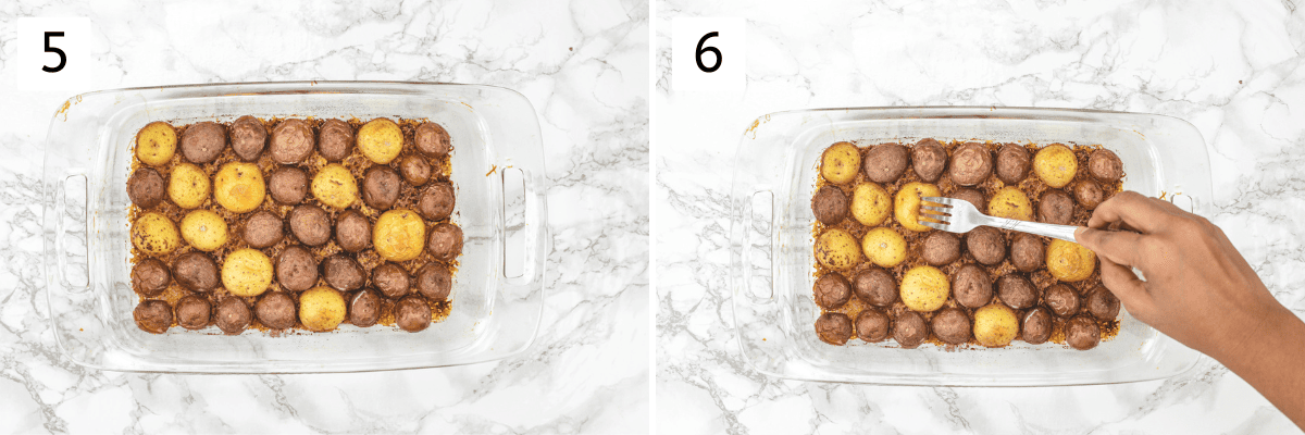 Collage of 2 images showing roasted parmesan potatoes and checking with fork.