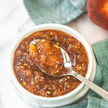 A spoonful of peach chutney taking from the bowl.