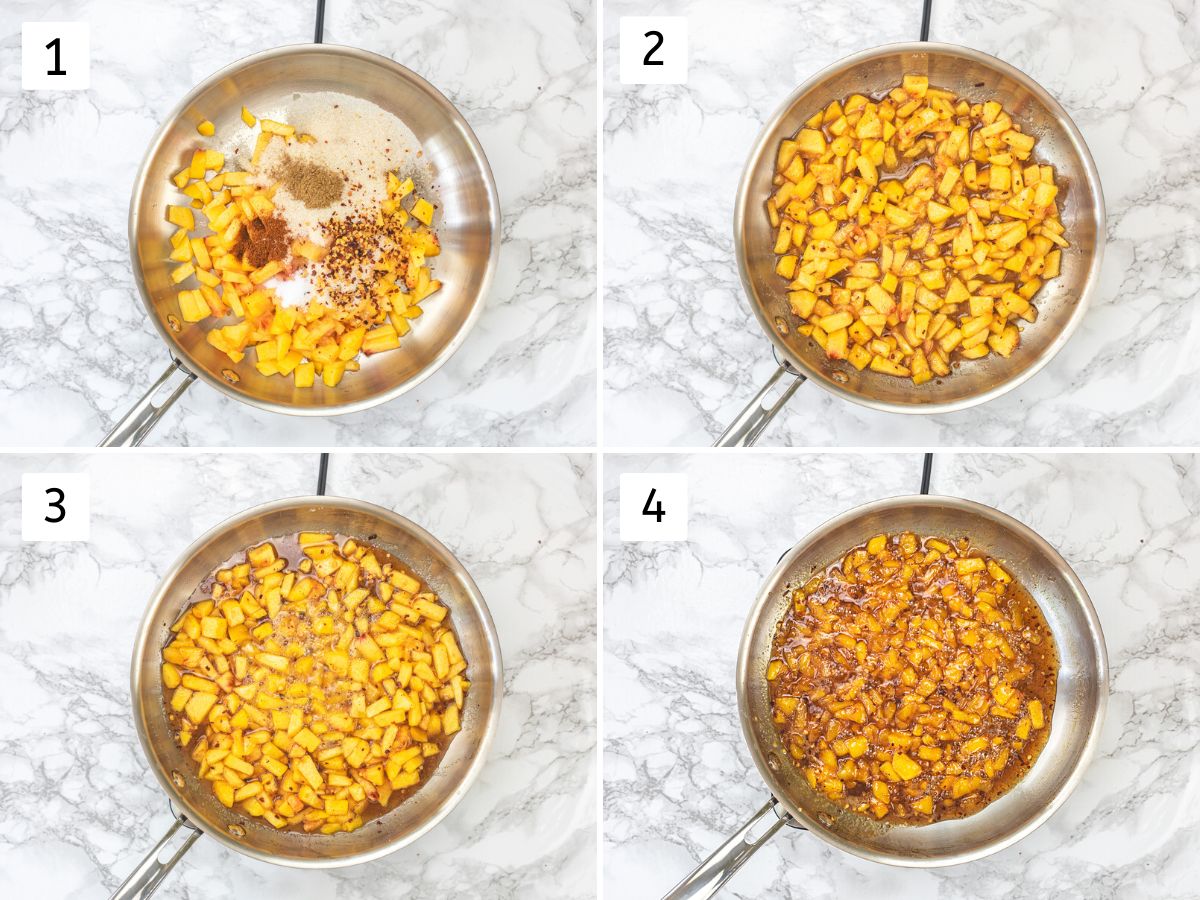 Collage of 4 images showing adding peach chutney ingredients in a pan and cooking.