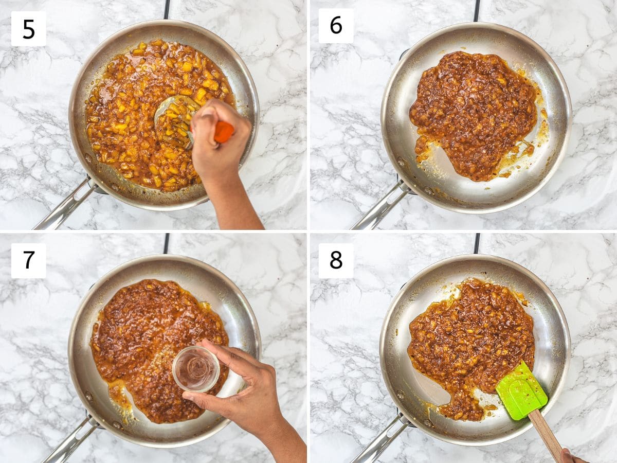 Collage of 4 images showing mashing cooked chutney mixture, adding vinegar and ready chutney.