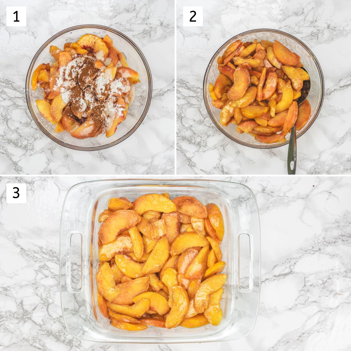 Collage of 3 images showing making peach mixture and adding into a baking dish.